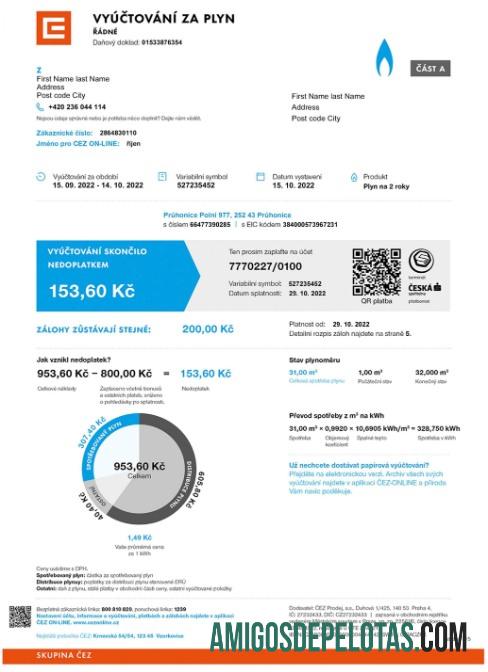 Conta de serviços públicos de cobrança de gás tcheco modelo